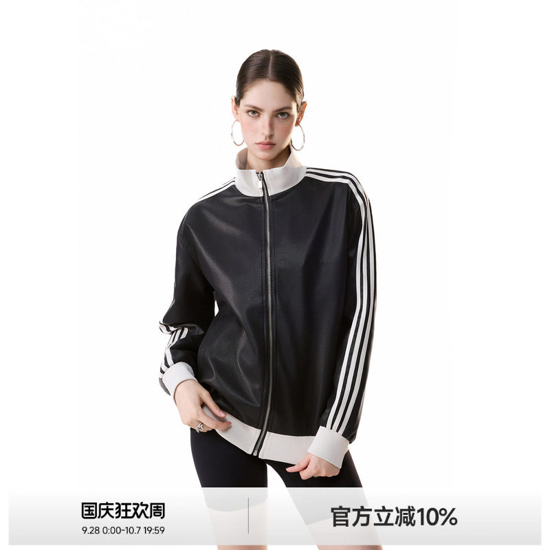 三条杠立领孔洞PU皮衣外套女图片