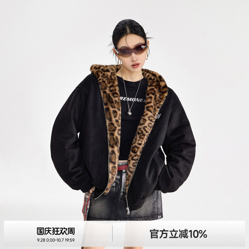 美式麂皮绒豹纹夹棉棉外套女图片