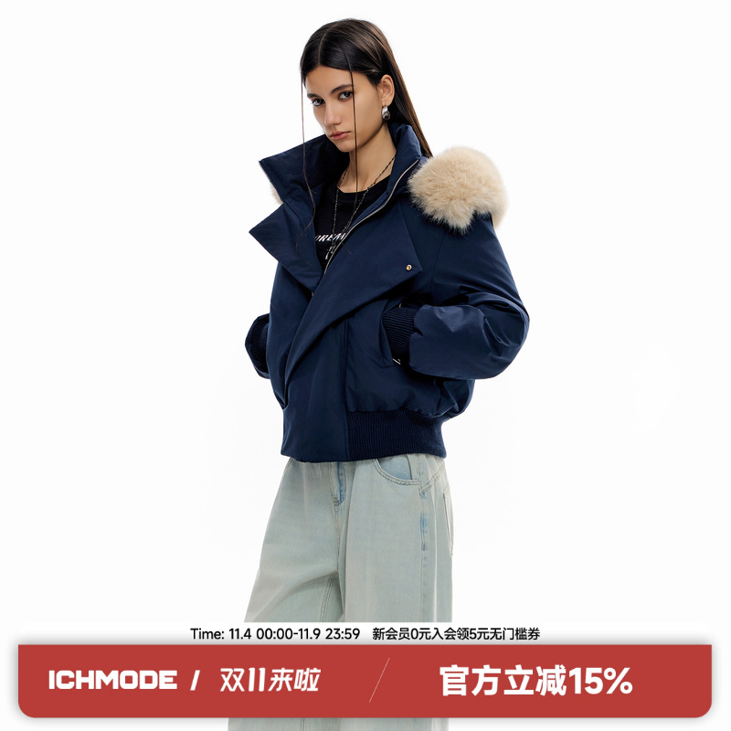 ICH MODE解构设计感毛领连帽外套女2025冬季新款甜酷美式复古棉服