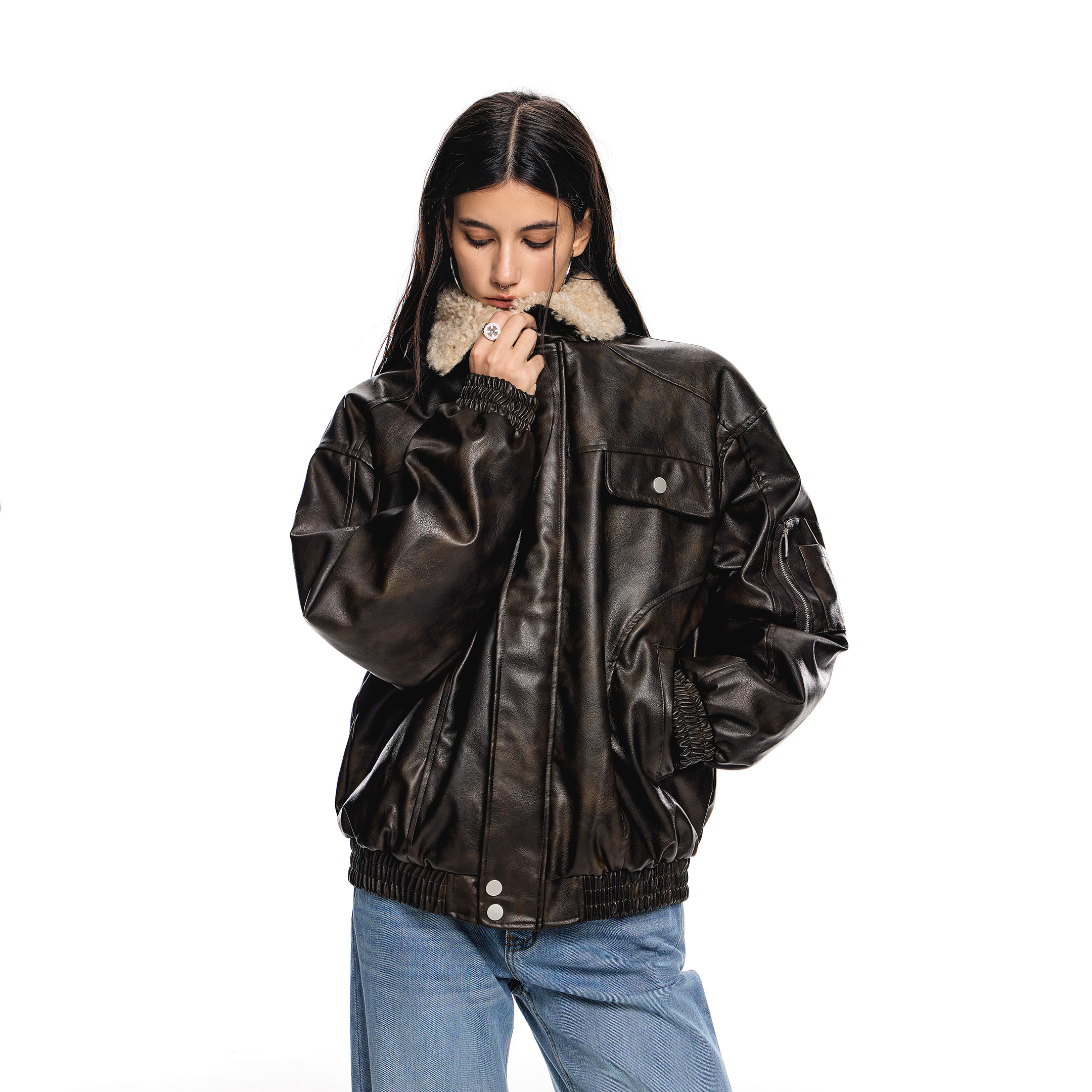 ICH MODE翻领毛领拼接美式复古棉服外套女冬季新款百搭pu夹棉皮衣