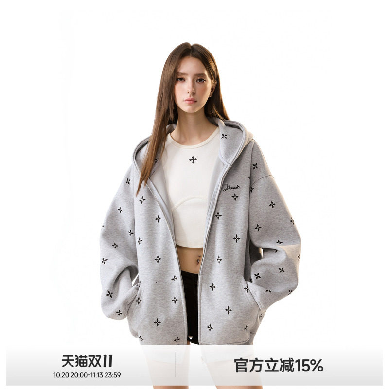 ICH MODE明星同款满印十字架长袖外套女春秋季薄款开衫卫衣上衣