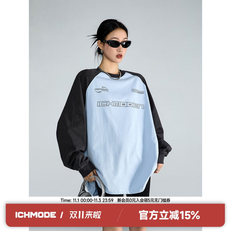 ICH MODE插肩复古圆领休闲长袖T恤2025新款春季宽松休闲百搭上衣