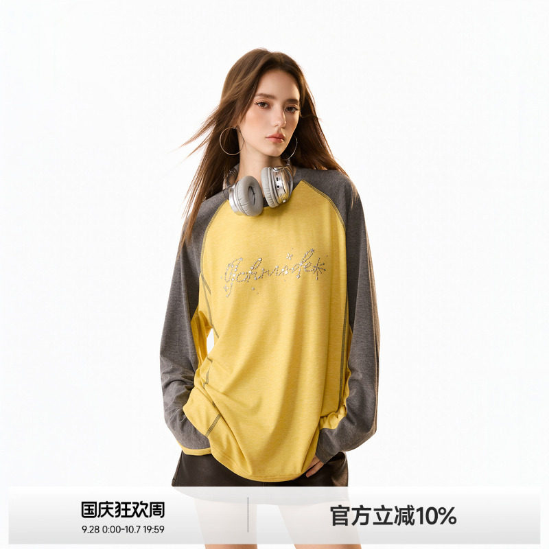 美式烫钻撞色插肩袖长袖T恤图片