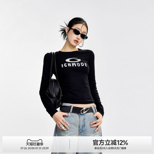ICH MODE正肩修身长袖打底T恤秋季一字肩甜酷字母百搭显瘦上衣女