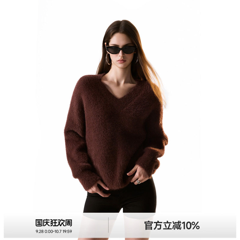 水貂绒V领毛衣女慵懒上衣图片
