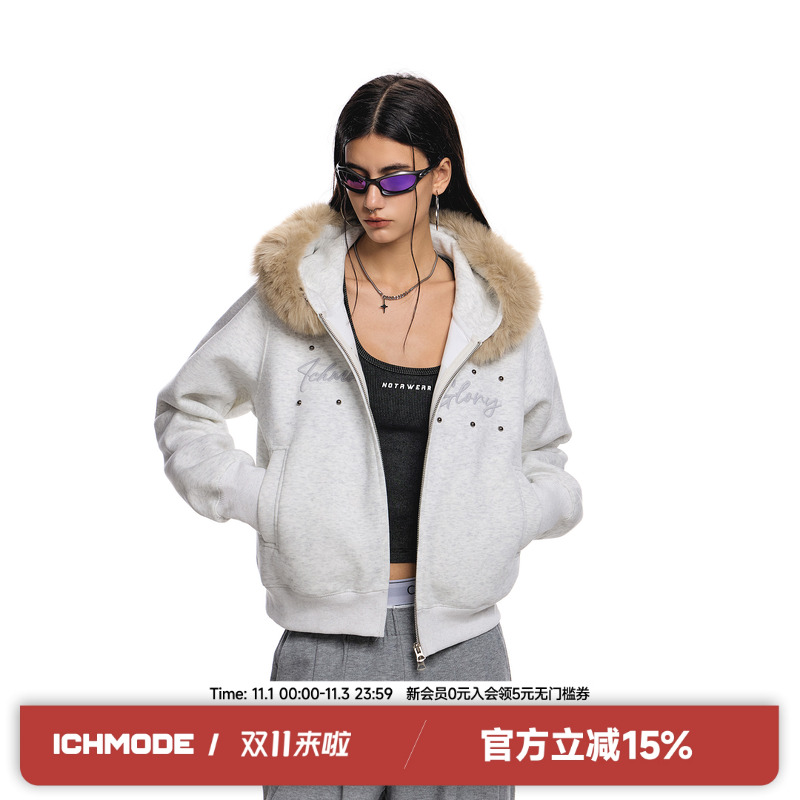 ICH MODE短款毛领钉珠美式复古外套高街质感秋冬百搭潮酷卫衣开衫