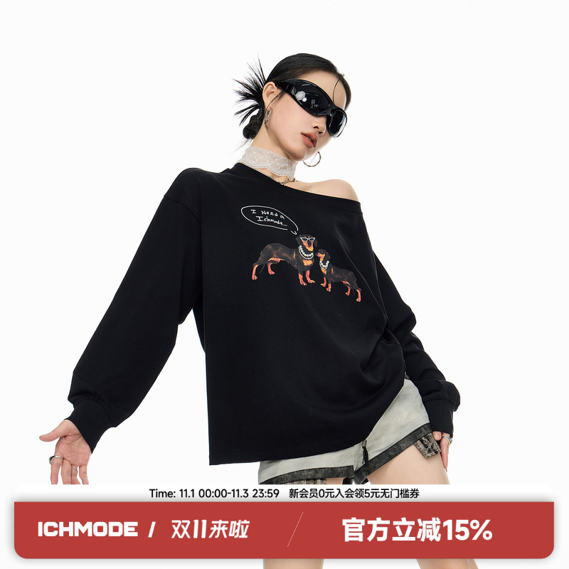 ICH MODE腊肠狗斜肩设计感复古长袖女露肩甜酷显瘦秋新品T恤上衣
