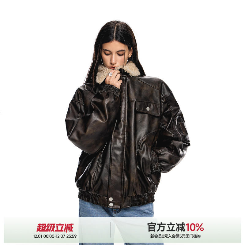 ICH MODE翻领毛领拼接美式复古棉服外套女冬季新款百搭pu夹棉皮衣