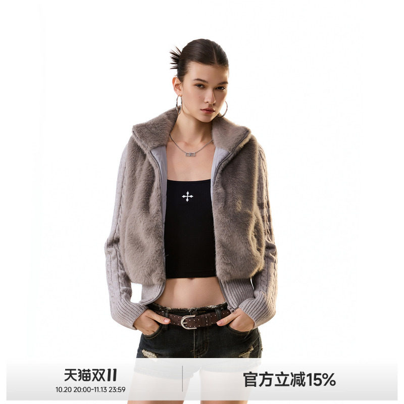 ICHMODE 三条杠环保皮草针织拼接外套女冬季新款短款棉衣保暖棉服