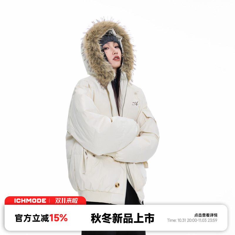 ICH MODE连帽90白鸭绒可拆卸毛领美式复古外套冬季保暖设计羽绒服