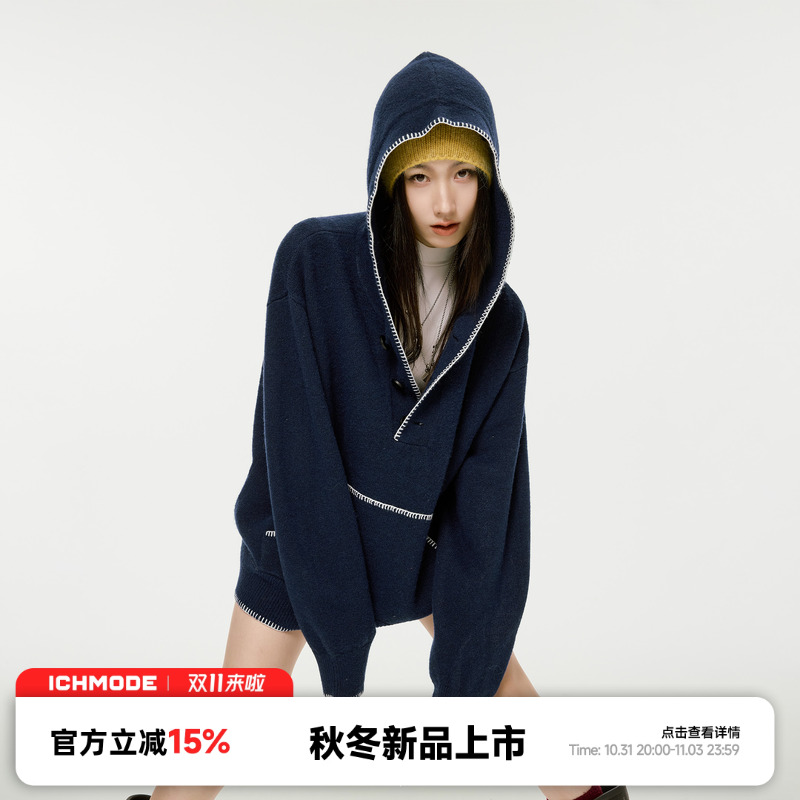 ICH MODE 潮酷设计感手缝线美式复古连帽毛衣女冬季小众针织外套