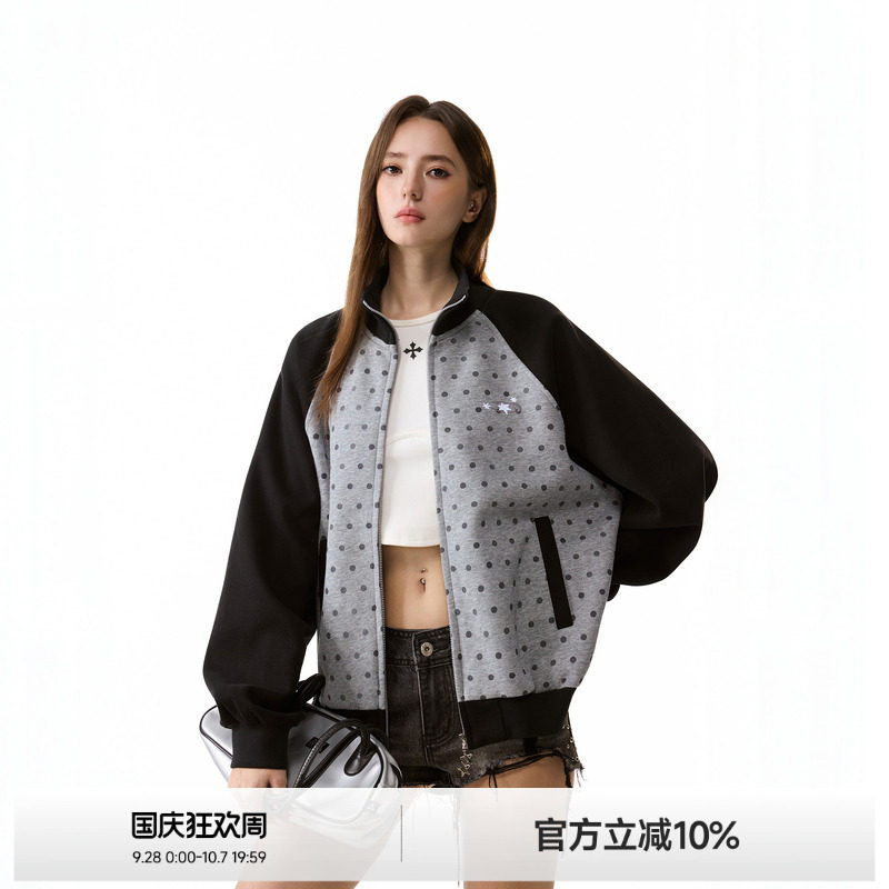 美式满印波点开衫外套女图片