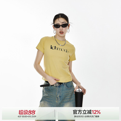 ICH MODE修身显瘦美式复古圆领短袖字母街头正肩百搭休闲T恤上衣