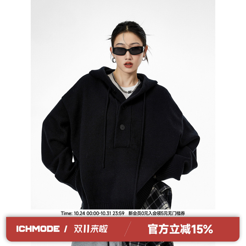ICH MODE美式复古纯色连帽毛衣女冬款慵懒风针织衫外套2024新款