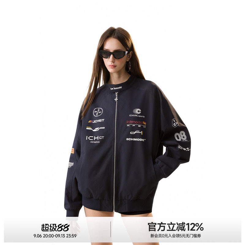 ICH MODE藏青色赛车服长袖开衫外套女秋季新款宽松运动夹克上衣