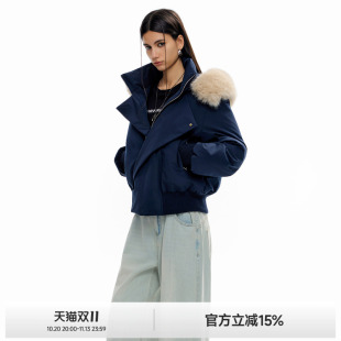 ICH MODE美式毛领连帽短款棉服女冬季新款加厚棉袄修身棉衣外套
