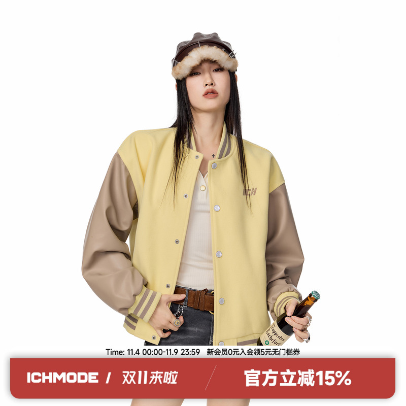 ICH MODE红色复古美式运动休闲夹克外套高街工装百搭宽松棒球服女