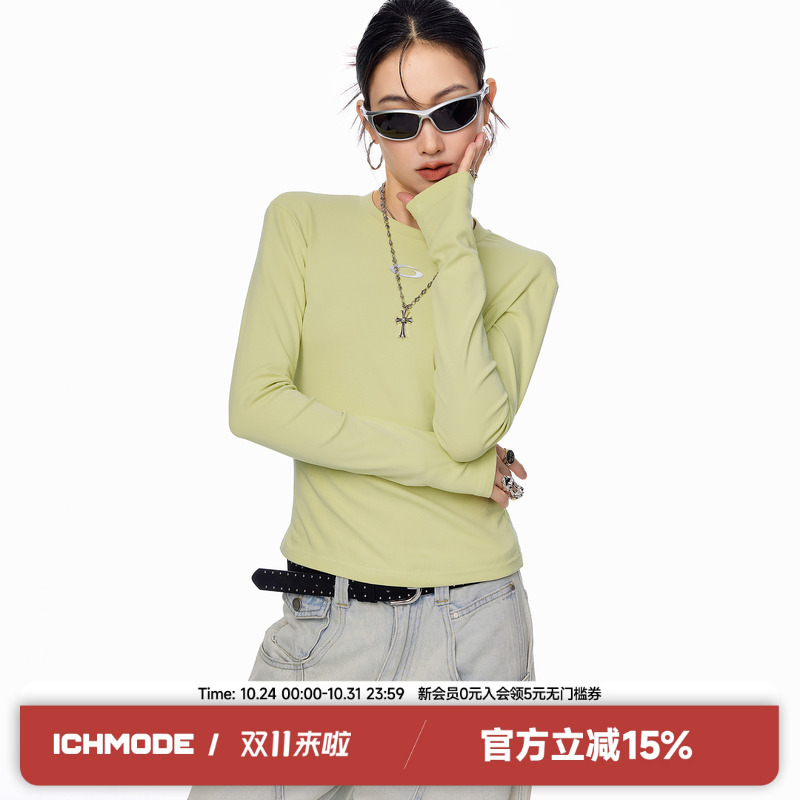 ICH MODE显瘦修身美式百搭复古长袖女秋季打底衫新款纯色T恤上衣
