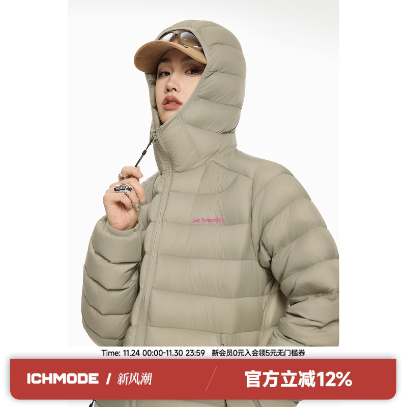 ICH MODE90白鸭绒排骨羽绒服女冬季轻薄防寒美式复古连帽短外套