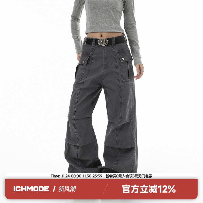 ICH MODE工装美式复古高街休闲裤女百搭设计感宽松阔腿直筒长裤秋