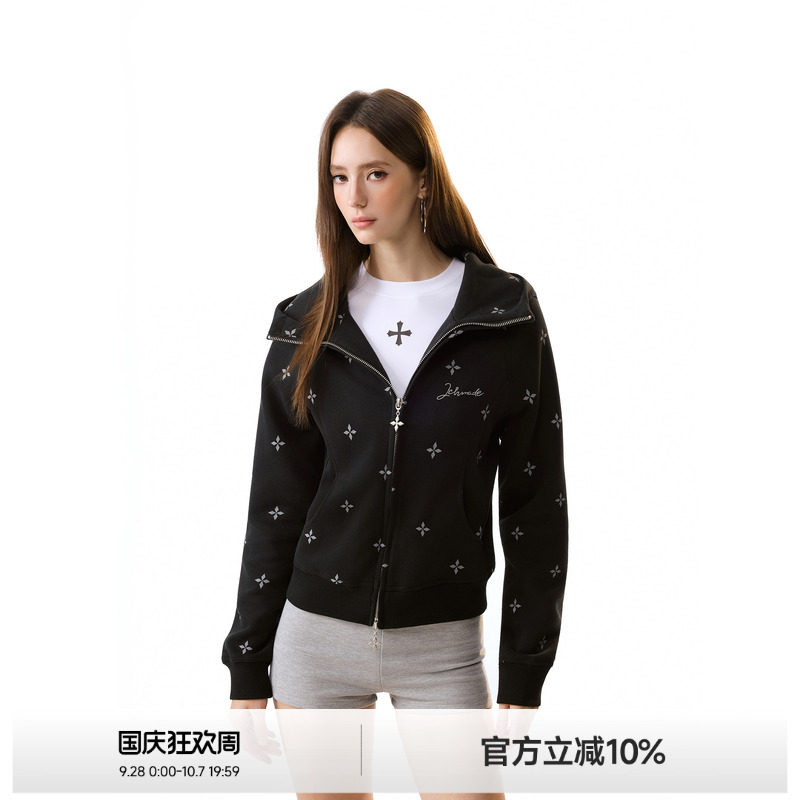美式满印十字短款黑色连帽外套女图片