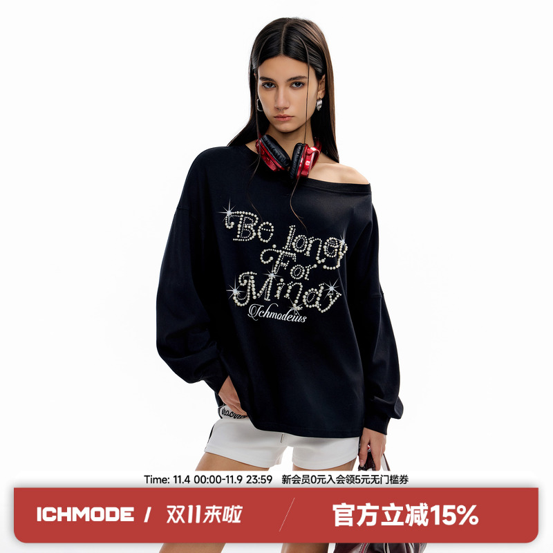 ICH MODE甜酷质感斜肩珍珠长袖上衣女宽松休闲高级设计感秋款T恤