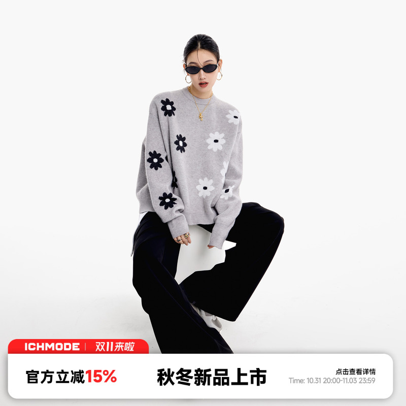 ICH MODE圆领花朵设计感毛衣秋冬保暖美式复古甜酷百搭休闲针织衫