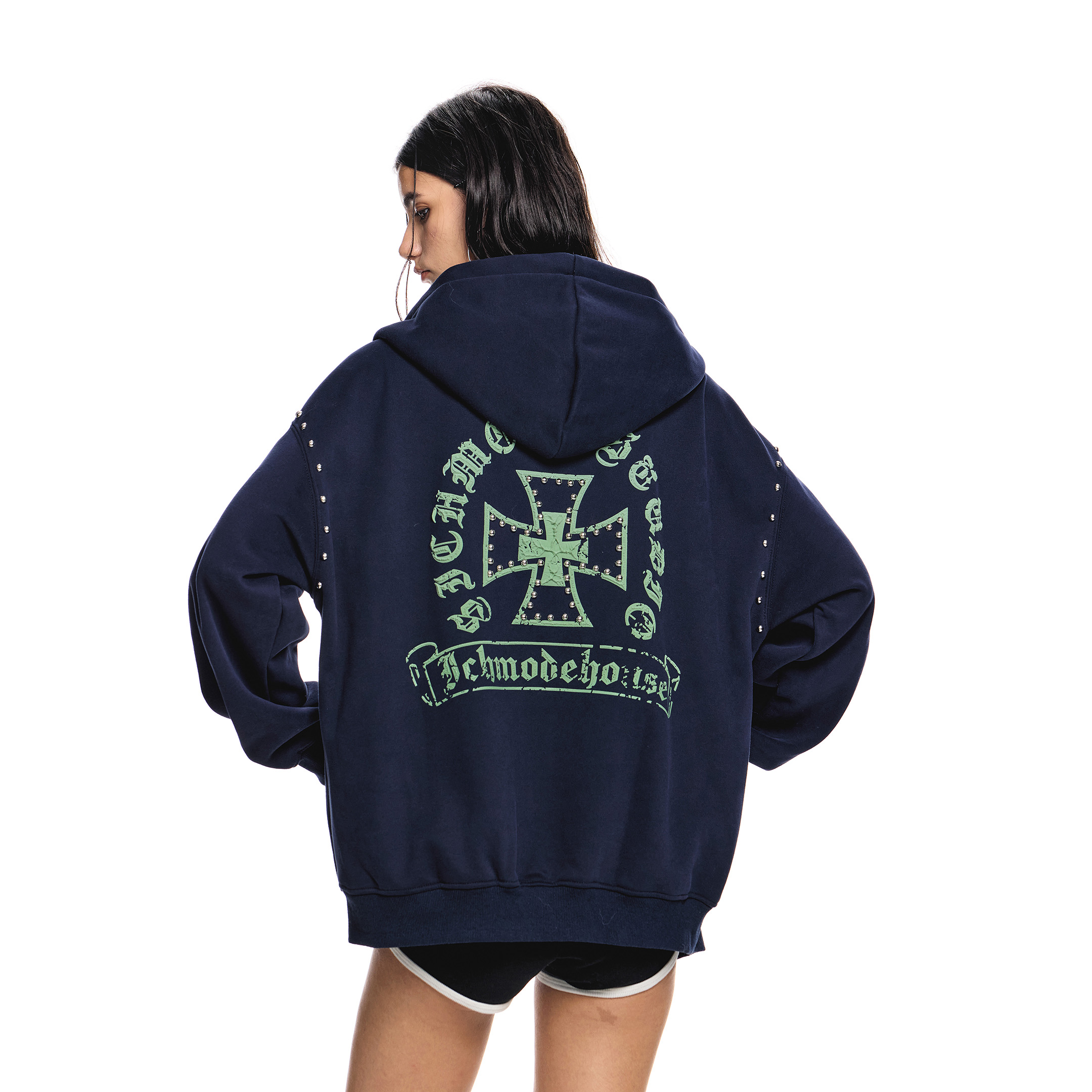 ICH MODE钉珠高街小众连帽廓形卫衣开衫女宽松美式复古设计感外套