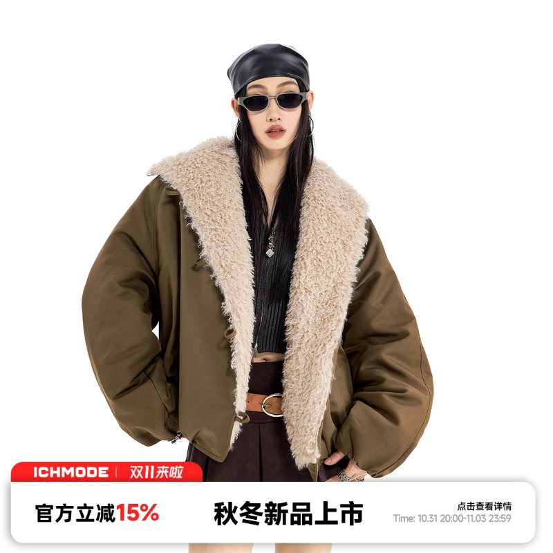 ICH MODE复古美式翻领冬季新款棉服女街头甜酷设计感保暖棉衣外套