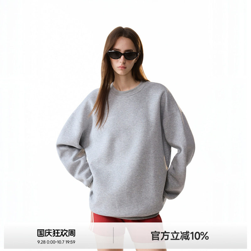ICH MODE纯色圆领慵懒风质感百搭卫衣美式复古秋季宽松休闲上衣女图片