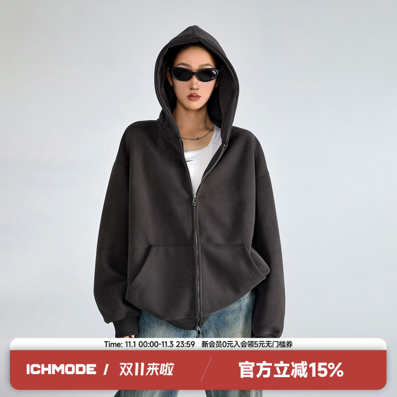 ICH MODE纯色百搭连帽廓形卫衣女宽松百搭美式复古休闲质感外套春