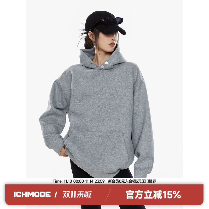 ICH MODE420G纯色质感半高领复古连帽卫衣潮牌宽松廓形休闲帽衫