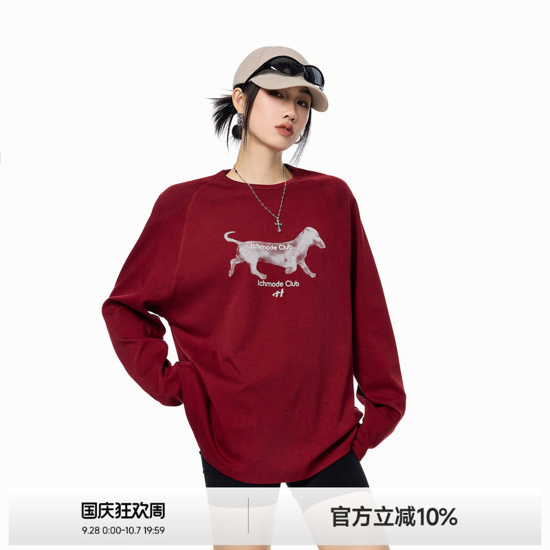 ICH MODE腊肠狗秋冬新款美式复古印花长袖T恤宽松休闲简约上衣女图片