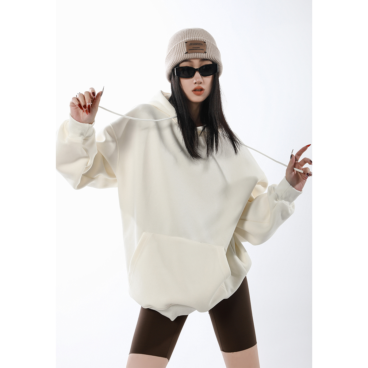 ICH MODE美式连帽加绒咖色卫衣女加厚2024新款秋冬外套纯色上衣