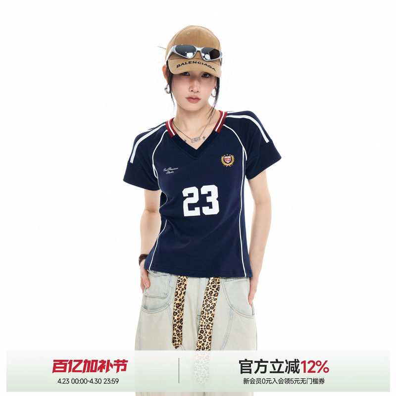 ICH MODE短款条纹修身短袖T恤女夏季新款运动球衣小上衣撞色球服