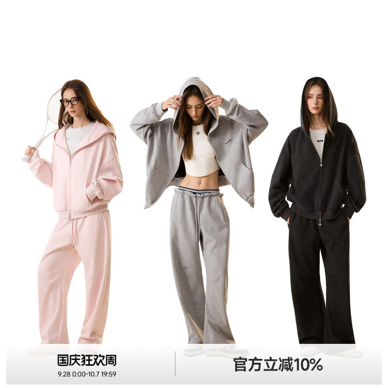 美式纯色连帽卫衣外套女图片