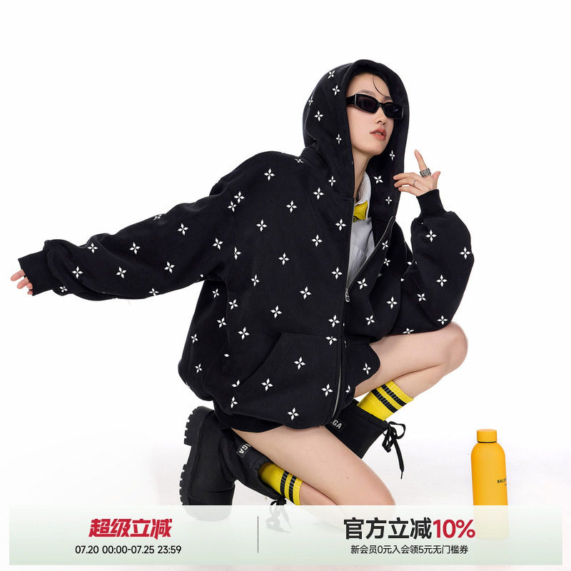 ICH MODE明星同款满印十字架黑色外套女春秋季薄款开衫卫衣上衣