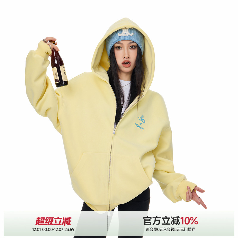 ICH MODE哥特风十字架连帽美式外套宽松复古廓形毛领甜酷卫衣开衫