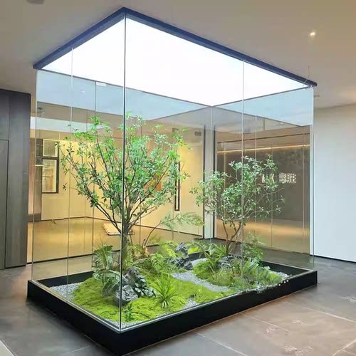 玻璃隔断玄关仿真植物造景