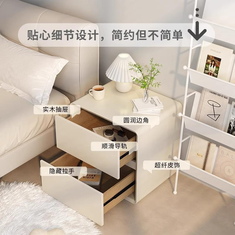 奶油风床头柜简约现代实木床边柜免安装落地家用卧室柜子收纳储物