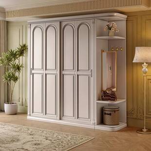 美式实木衣柜复古移门趟门大衣橱卧室储物柜桃花芯木家用推拉门柜