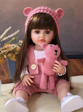 粉抱抱童熊长发洋娃娃55厘米仿真婴会儿唱歌色重生娃OVS娃陪伴儿