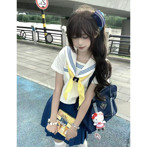喵太jk制服基础款绀白蓝三本水手服长短袖白雪公主穿搭日系校供