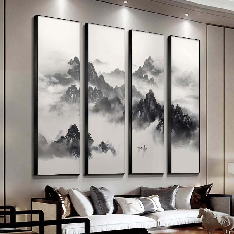 大气四条屏山水画客厅挂画新中式沙发背景墙装饰画餐厅茶室风景画