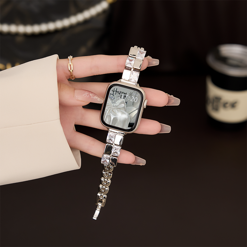 适用iWatchS10苹果手表表带applewatch9高级金属手链S8/7/6代闪钻Ultra2/1清冷感小冰块SE轻奢小香风女款腕带