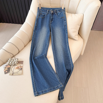 2025美式复古显瘦百搭喇叭裤女牛仔拖地长裤低腰宽松微喇裤深蓝色