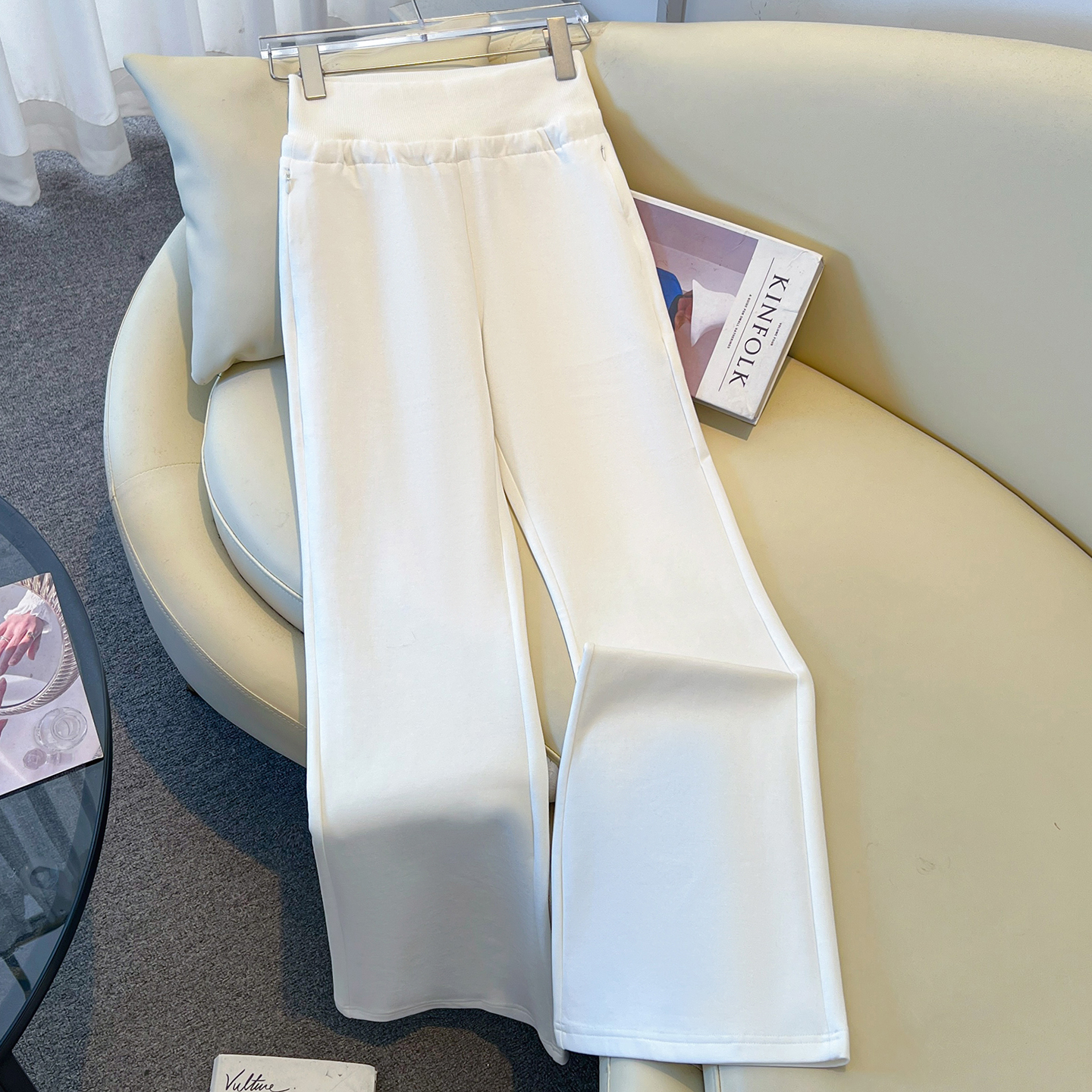 2025新款松紧腰显瘦垂感休闲拖地裤弹力裤白色高腰不贴腿微喇裤女