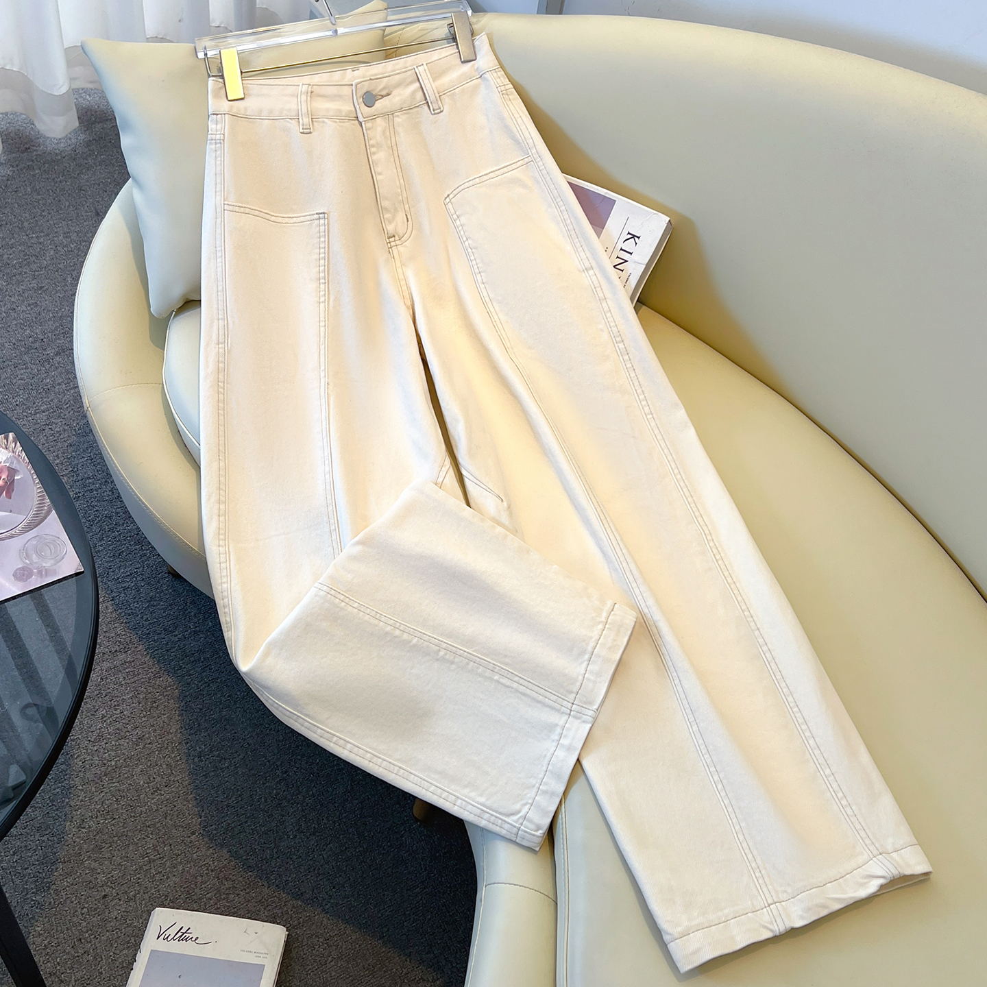 女宽松弯刀直筒长裤杏色显瘦百搭女裤2025新款高腰垂感阔腿牛仔裤