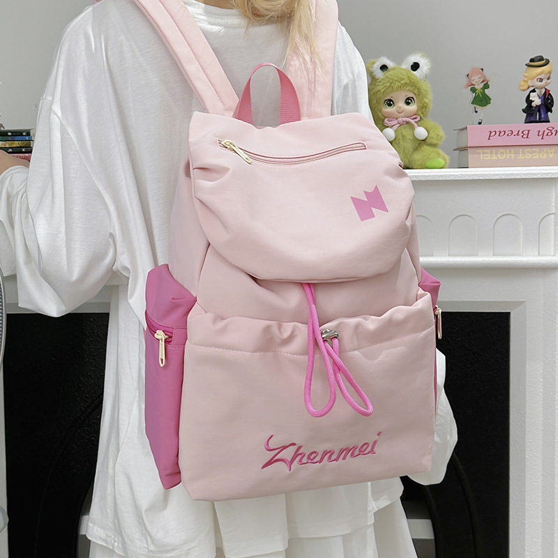 纯色简约抽绳女士双肩包百搭学生书包女生背包外出双肩包书包