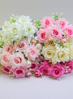 婚庆仿真花卷边玫瑰把束家居装扮餐桌花5头春色卷边玫瑰假花